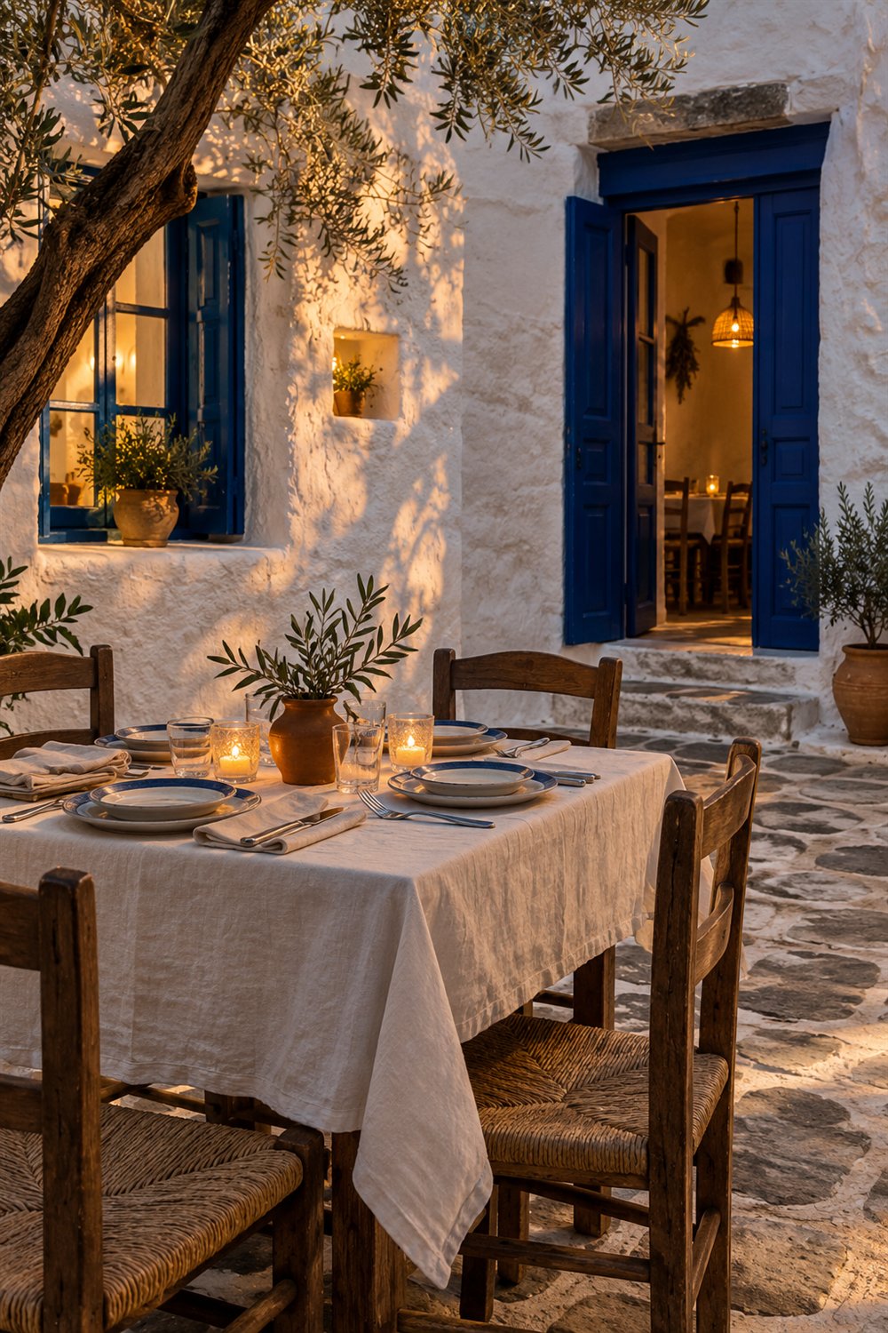 Stemningsbilde av et dekket bord i Hellas